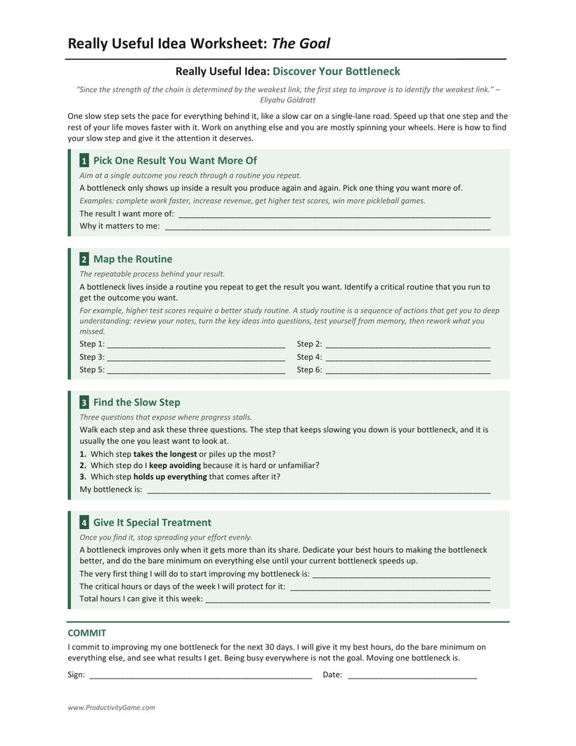 Actual Academy worksheet for The Goal: pick a result, map the routine, find the slow step, and give it special treatment.